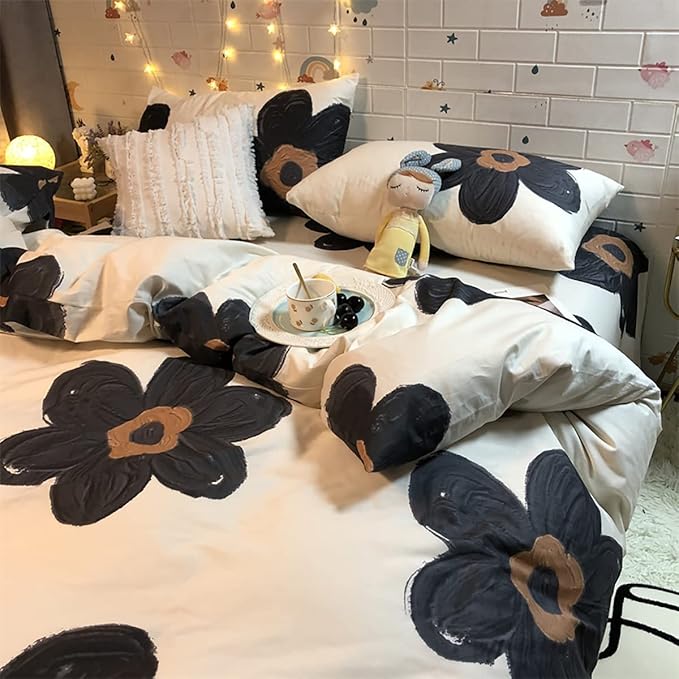 Black Floral Comforter Set Black and White Bedding Queen Comforter Set Flowers Cotton Women Modern Elegant Chic Quilts Blankets Lightweight Black Flower Reversible Bed Comforter Set - LeafyLoom