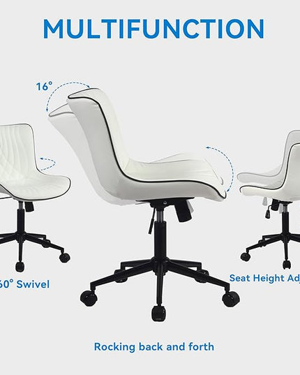 YOUNIKE Office Chair, Armless Desk Chair with Wheels, Home Office Computer Task Chairs, Modern Faux Leather Upholstered Vanity Chair, Adjustable Swivel Rocking Office Chair with Back, White - LeafyLoom