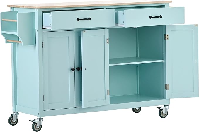 Kitchen Island Cart with Solid Wood Top, Mobile Kitchens Carts with Storage Cabinet, Rolling Kitchen Table w/Spice Rack, Towel Rack, and Drawer, Portable Islands on Wheels for Bar - LeafyLoom