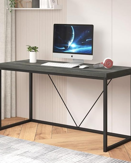 55 inch Computer Desk, Vintage Work Desk for Home Office, Rustic Wood and Metal Study Writing Table, Grey - LeafyLoom