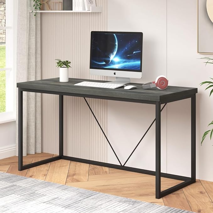55 inch Computer Desk, Vintage Work Desk for Home Office, Rustic Wood and Metal Study Writing Table, Grey - LeafyLoom