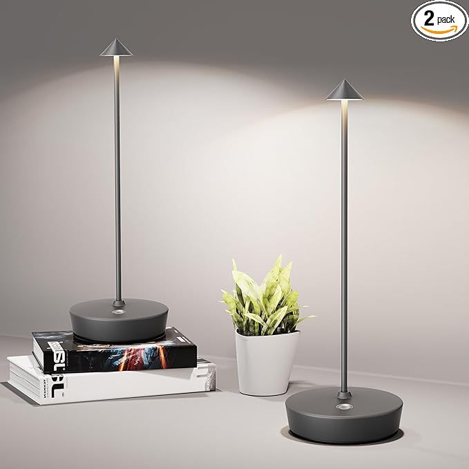 Cordless Table Lamps Rechargeable, 6000mAh Battery Operated LED Desk Lamp Outdoor Waterproof Portable Touch Dimmable Table Light for Patio Restaurant Dining Home Set of 2 Grey - LeafyLoom