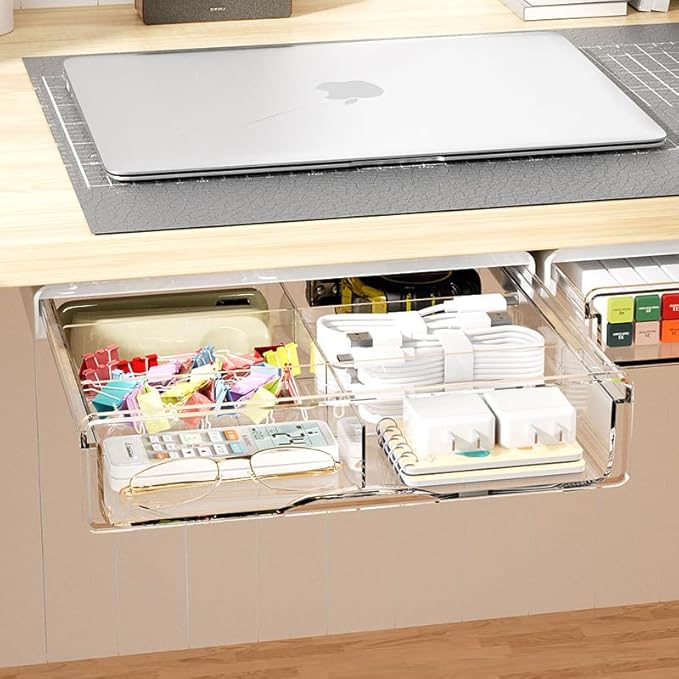 Under Desk Storage Drawer Kit, Clear Under Desk Drawer Mounted Below Large and Medium Size 2 Pcs Combo for Home Bedroom Office Kitchen Organization - LeafyLoom
