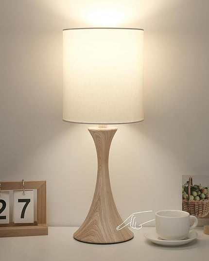 Bedside Touch Lamp, 3 Way Dimmable Touch Control Table Lamp, Wood Grain Farmhouse Table Lamp, Modern Nightstand Lamp with White Shade for Bedroom, Dorm, Office, 3000K LED Bulb Included - LeafyLoom