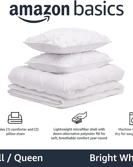 Amazon Basics All-Season Down-Alternative 3 Piece Comforter Bedding Set, Full/Queen, Bright White, Pinch-Pleat With Piped Edges - LeafyLoom