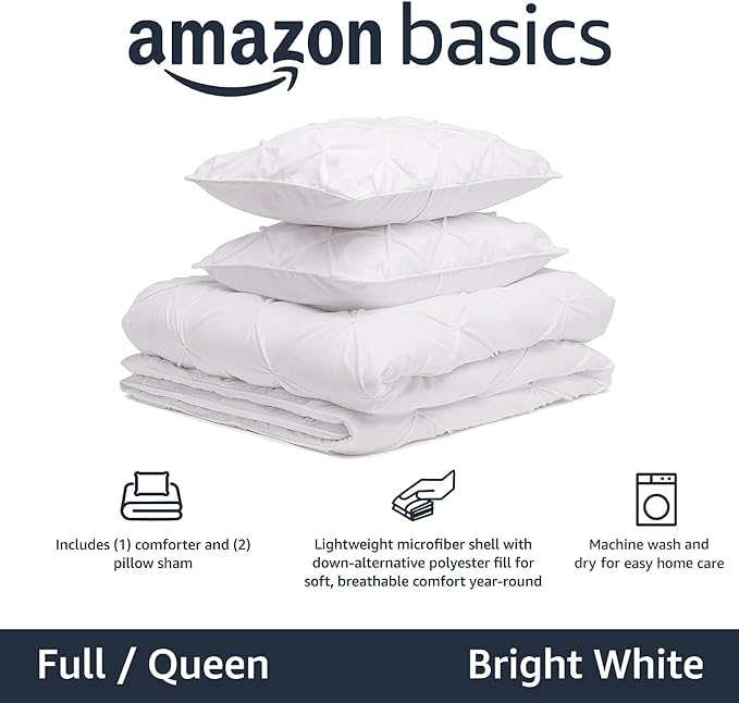 Amazon Basics All-Season Down-Alternative 3 Piece Comforter Bedding Set, Full/Queen, Bright White, Pinch-Pleat With Piped Edges - LeafyLoom