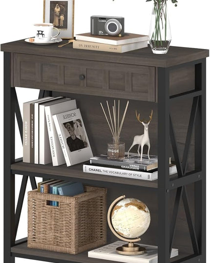 FATORRI Rustic Bookshelf with Drawer, Industrial Wood and Metal Bookcase, Small Book Shelf and Low Book case for Small Space (Walnut Brown) - LeafyLoom