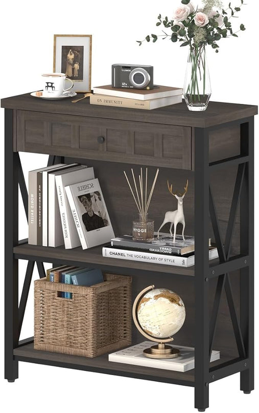 FATORRI Rustic Bookshelf with Drawer, Industrial Wood and Metal Bookcase, Small Book Shelf and Low Book case for Small Space (Walnut Brown) - LeafyLoom