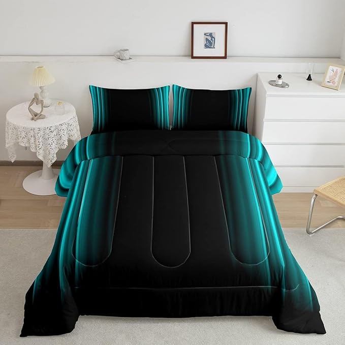 Geometric Abstract Ombre Comforter Set Kids Teens Teal and Black Striped Bedding Bed Set Decor Modern Fashion Comforter Inner Fill Bedroom Collection 2Pcs Twin Size - LeafyLoom