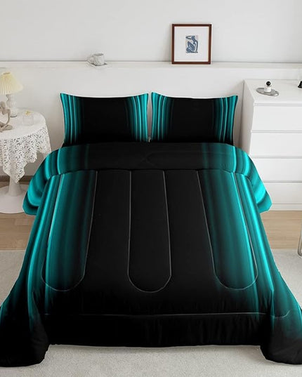 Geometric Abstract Ombre Comforter Set Kids Teens Teal and Black Striped Bedding Bed Set Decor Modern Fashion Comforter Inner Fill Bedroom Collection 3Pcs Full Size - LeafyLoom