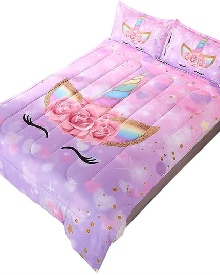 Unicorn Kid's Comforter Set 3pc Pink Flower Girl Soft Unicorn Bedding Sets - LeafyLoom