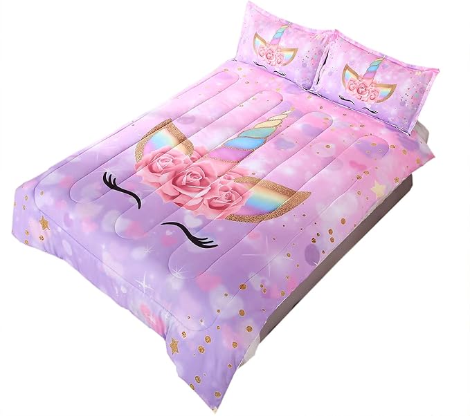 Unicorn Kid's Comforter Set 3pc Pink Flower Girl Soft Unicorn Bedding Sets - LeafyLoom