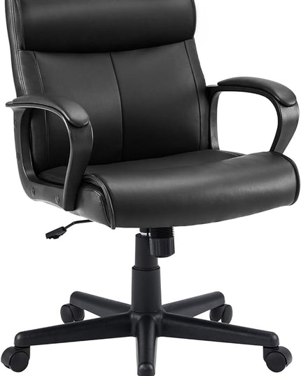 Sweetcrispy Executive Office Chair with Padded Armrests Mid Back Lumbar Support and Adjustable Height & Tilt Angle, PU Leather Swivel Rolling, Modern Black - LeafyLoom