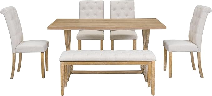 6-Piece Retro Dining Table Set with Unique Legs and 4 Upholstered Button-Tufting Back Chairs & 1 Bench for Kitchen Furniture, Natural Wood Wash, 59.8" L x 35.8" W x 30" H - LeafyLoom