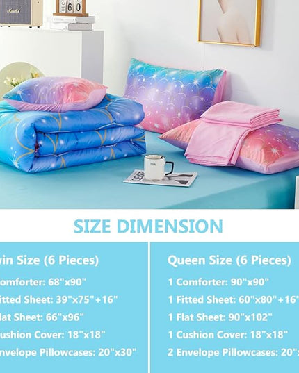 PERFEMET Pink Purple Mermaid Comforter Queen Size 6 Pieces Girls Bedding Set Colorful Rainbow Ombre Bed in A Bag Mermaid Scale Print Queen Comforter Set with Sheets - LeafyLoom