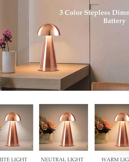 Cordless Metal Desk Lamp, Touch Sensor Control LED Table Lamp,3 Color Stepless Dimmable Battery Powered Lamp (Rose Gold) - LeafyLoom