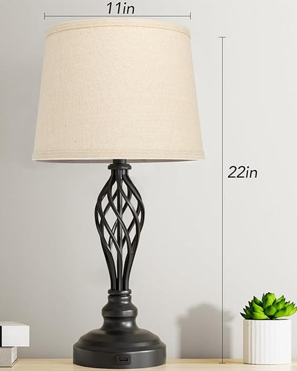 PARTPHONER Set of 2 Table Lamps with USB Port, Farmhouse Bedside Lamps with 3-Color Temperature, Nightstand Lamp Large Cream Drum Shade Spiral Cage Base Desk Lamps for Living Room, Home Bedroom - LeafyLoom