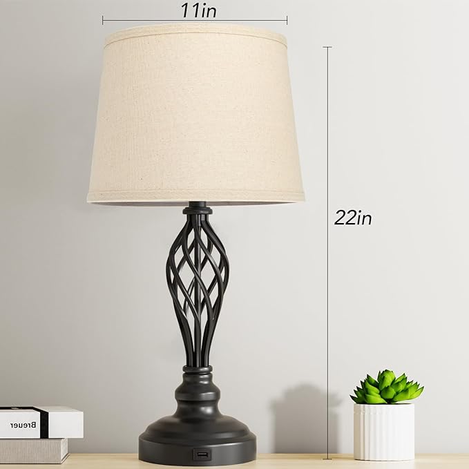 PARTPHONER Set of 2 Table Lamps with USB Port, Farmhouse Bedside Lamps with 3-Color Temperature, Nightstand Lamp Large Cream Drum Shade Spiral Cage Base Desk Lamps for Living Room, Home Bedroom - LeafyLoom