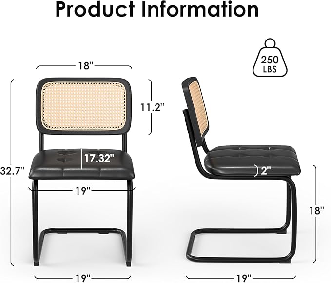 Farini Kitchen Dining Chairs Set of 2,Mid-Century Modern Chair Armless Mesh Backrest Cane Rattan Chairs for Home Dining Room(Black-PU Leather) - LeafyLoom