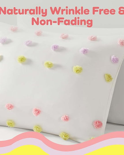 Mi Zone Kids Queen Comforter Set, Fun and Adorable Multi-Color Clipped Jacquard Pompom Bedding, Microfiber Lightweight All Seasons Down Alternative Bedding, Sham, Cora, Full/Queen Pink Multi 3 Piece - LeafyLoom