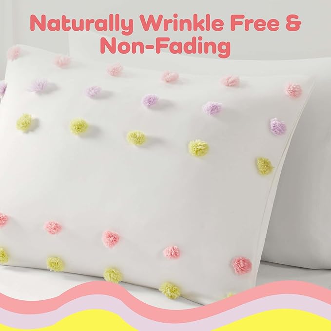 Mi Zone Kids Twin Comforter Set, Fun and Adorable Multi-Color Clipped Jacquard Pompom Bedding, Microfiber Lightweight All Seasons Down Alternative Bedding, Sham, Cora, Twin Pink Multi 2 Piece - LeafyLoom