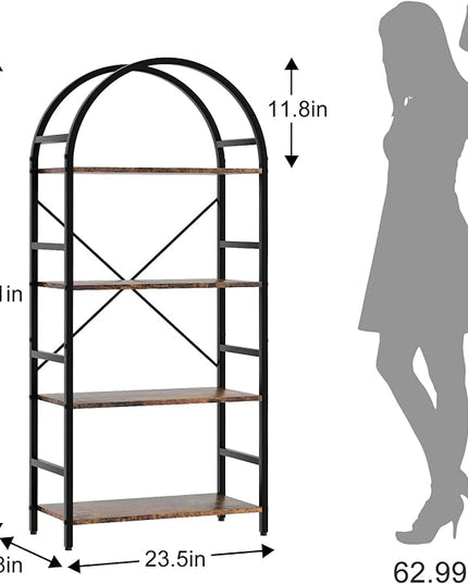 4-Tier Bookshelf, 24 Inch Width Industrial Arched Bookcase, Vintage Storage Rack with Open Shelves, Free Standing Shelf for Home Office, Living Room,Bedroom, Rustic Brown - LeafyLoom