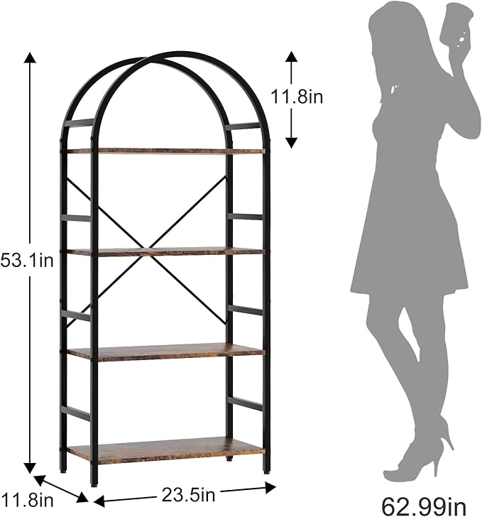 4-Tier Bookshelf, 24 Inch Width Industrial Arched Bookcase, Vintage Storage Rack with Open Shelves, Free Standing Shelf for Home Office, Living Room,Bedroom, Rustic Brown - LeafyLoom