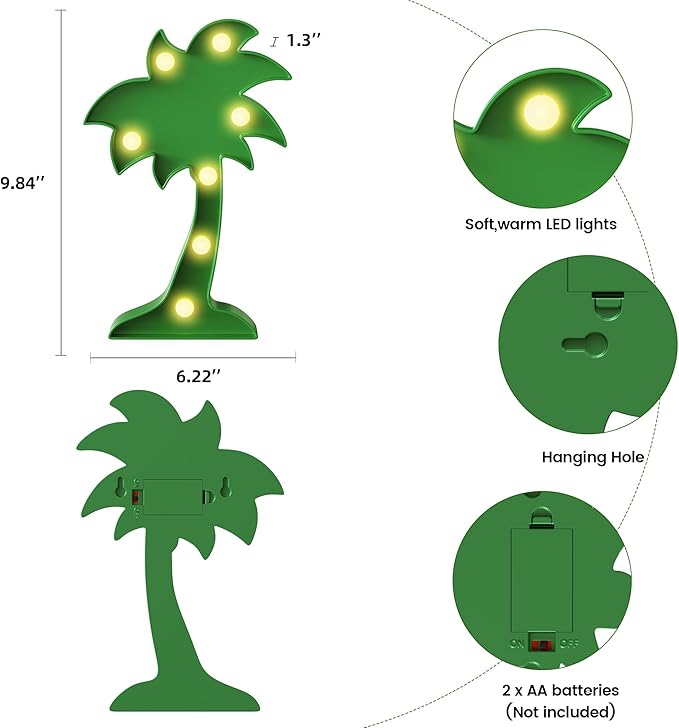 Palm Tree Decor, Battery Powered Night Light for Kids, Hawaiian Party Decorations, Luau Party Decorations, Tropical Kids Room Decor, Hawaiian Wall Decor - LeafyLoom