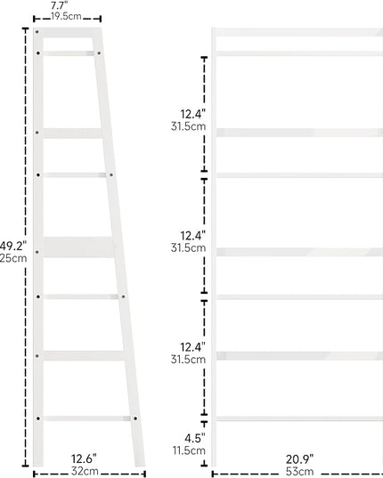 White Ladder Bookshelf, Leaning Bookcase, 4-Tier Bamboo Shelf, Floor Standing Storage Shelving Unit, Open Display Book Shelves - LeafyLoom
