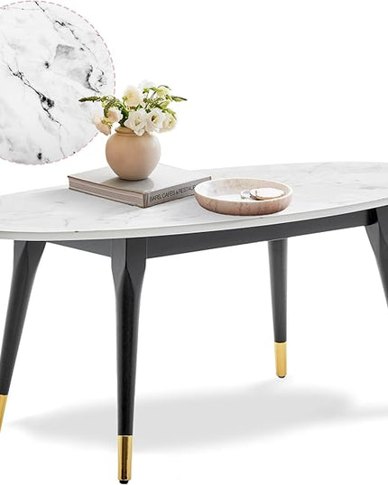 Elle Decor Clemintine Mid-Century Modern Living Room Furniture Collection, Oval Coffee Table, White Marble Print - LeafyLoom