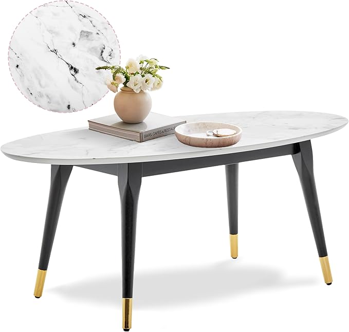 Elle Decor Clemintine Mid-Century Modern Living Room Furniture Collection, Oval Coffee Table, White Marble Print - LeafyLoom