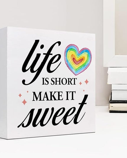 Life Is Short Make It Sweet Sign,Inspirational Quote Wood Box Sign,Motivational Signs Wooden Block Rainbow Decorations for Home Office Shelf Decor - LeafyLoom
