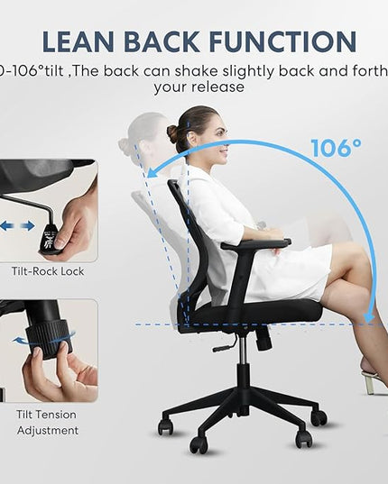 Schwake Ergonomic Office Chair Home Mesh Desk Chair with Adjustable Arms - Mid Back Computer Chairs for Adults - Swivel Task Chair Comfortable for Home Office (Black) - LeafyLoom