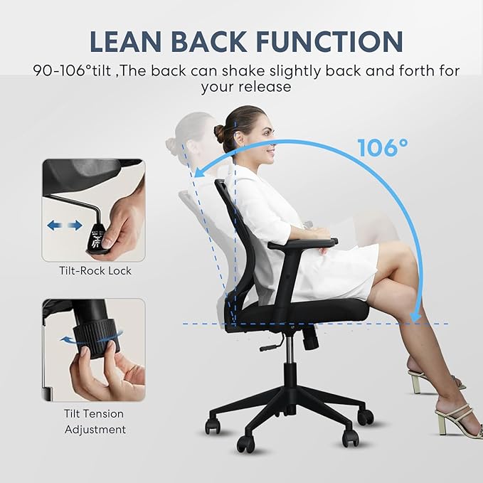 Schwake Ergonomic Office Chair Home Mesh Desk Chair with Adjustable Arms - Mid Back Computer Chairs for Adults - Swivel Task Chair Comfortable for Home Office (Black) - LeafyLoom