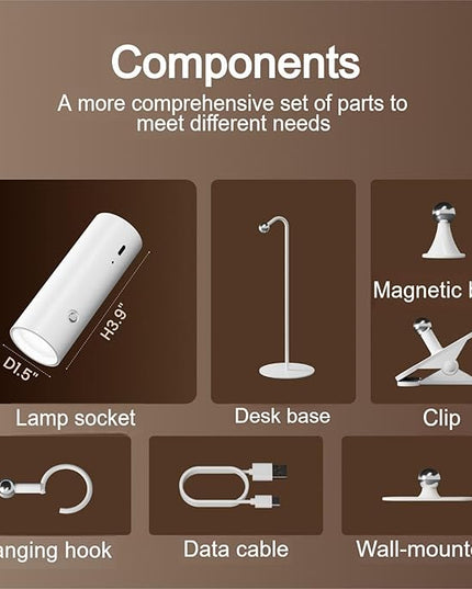 SIEPUNK Cordless Desk Lamp for Home Office, 4 in 1 Multifunctional Rechargeable Touch 3 Colour Temperature Table Lamp with Clamp, Portable Magnetic Bedside Night Desk Light, Ideal for Gifts, White - LeafyLoom