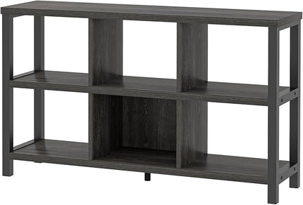 FOLUBAN 6 Cube Storage Organizer with Shelf, Wood and Metal Cubby Bookcase, Industrial Low Horizontal Bookshelf (Dark Grey, 47 Inch) - LeafyLoom