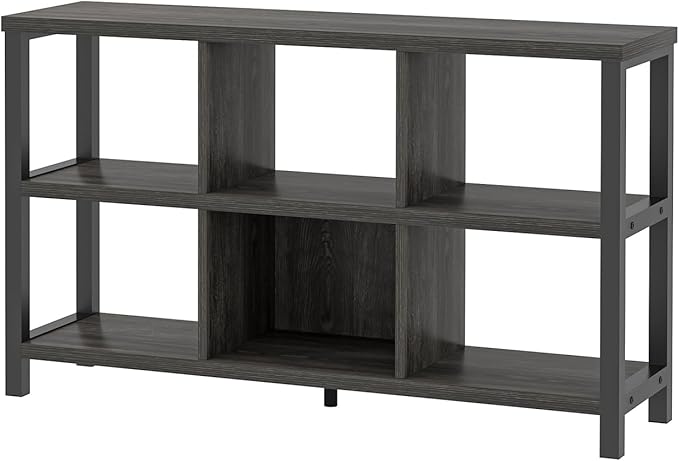 FOLUBAN 6 Cube Storage Organizer with Shelf, Wood and Metal Cubby Bookcase, Industrial Low Horizontal Bookshelf (Dark Grey, 47 Inch) - LeafyLoom