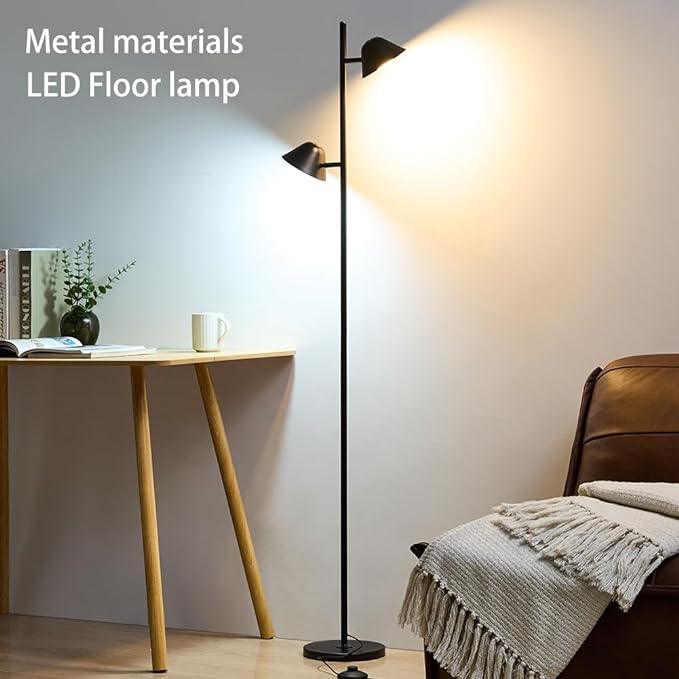 Modern LED Floor Lamp 20W, 2 Rotatable LED Light with Remote, Adjustable Color Temperature and Dimmable Features, Standing Lamp with Timing for Living Room, Bedroom, Office Black - LeafyLoom