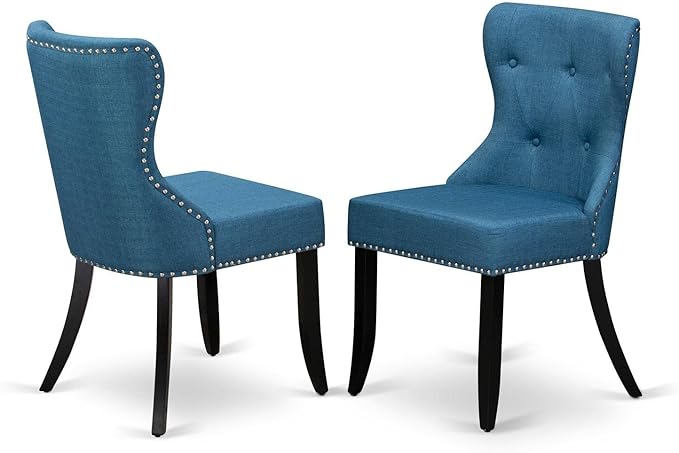 East West Furniture SIP1T21 Sion Parson Dining Room Button Tufted Nailhead Trim Blue Linen Fabric Upholstered Chairs, Set of 2, Black - LeafyLoom