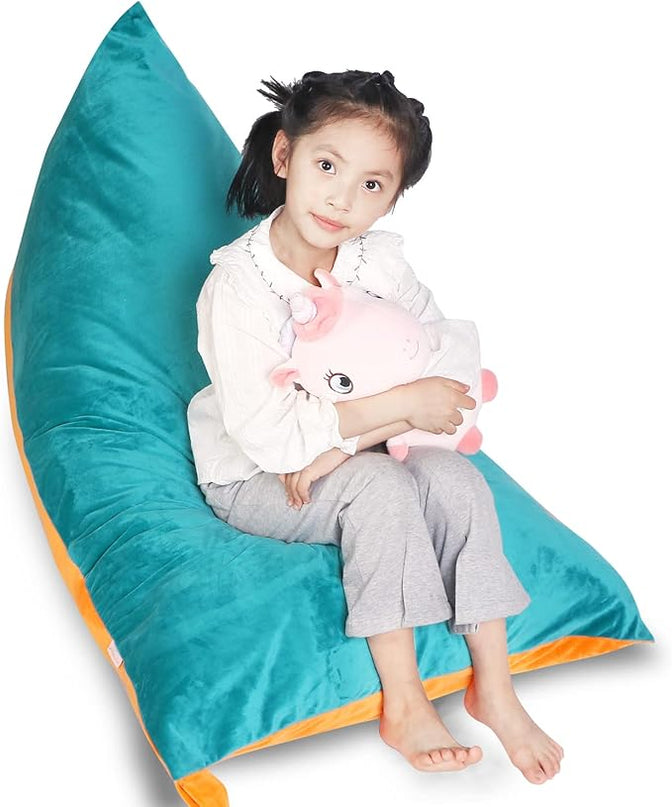 Stuffed Animal Storage Bean Bag Chair Cover, Velvet Turquoise Orange Plush Toy Storage Stuff and Sit Seat for Kids/Teens/Adults, 52" x 31" Extra Large Triangle Sofa, 200L/52Gal, Cover Only - LeafyLoom