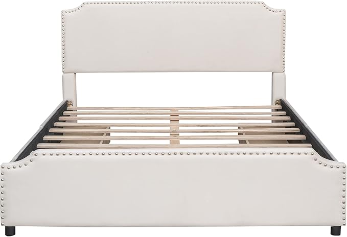 Queen Size Bed Frame with 4 Storage Drawers, Elegant Velvet Upholstered Platform Bed with Stud Trim Headboard and Footboard, Bedroom Furniture, No Box Spring Needed, Beige - LeafyLoom