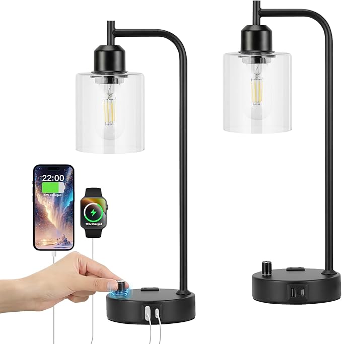 Industrial Nightstand Lamps for Bedrooms Set of 2 - Fully Dimmable Bedside Lamps with USB A C Ports and Outlet, Black Table Lamps with Clear Glass Shade for Living Room, Desk Lamps for Office Reading - LeafyLoom