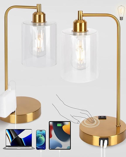 Yarra-Decor【Upgraded Industrial Bedside Table Lamp Set of 2 3-Way Dimmable Lamps for Bedroom Modern USB Nightstand Lamp with Glass Shade Reading Table Lamps for Dorm, Office (LED Bulb Included) - LeafyLoom