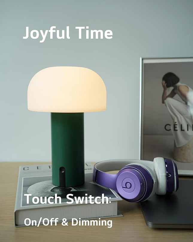 Outdoor Mushroom Table Lamp Rechargeable, Cordless Lamps for Patio Waterproof, Portable Battery Operated Lamp with USB Charging, Touch Dimming Night Light for Home/Porch/Restaurant (Green) - LeafyLoom