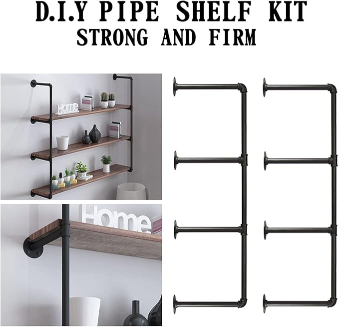 HITOMEN Industrial Iron Pipe Shelves, 2 Set 4-Tier, 42" Tall, 12" Depth, DIY Open Bookshelf Bookcase, Wall Mounted Vintage Retro Shelving, Rustic Farmhouse Pantry Kitchen Storage, Black Shelf Brackets - LeafyLoom