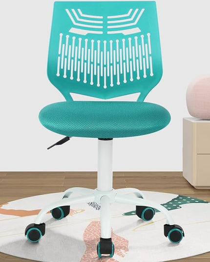FurnitureR Desk Chair Armless Home Office Task Chair with Mesh Padded Cushion Swivel Study Chair with Rolling Wheels for Kids Teens Children, Turquoise - LeafyLoom