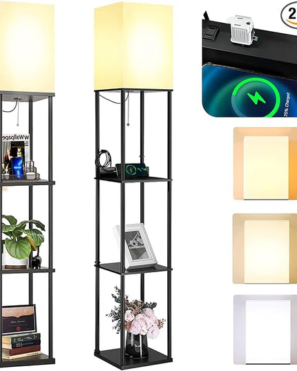 2 Packs Floor Lamp w. Shelves Including 2AC Outlets & 2USB Ports 9W LED Light Bulb 3 Color Temperature Soft/Cool/Daylight White w. 2PCS Acrylic Photo Frame for Living Room/Bedroom - LeafyLoom