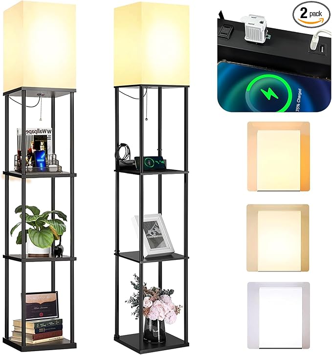 2 Packs Floor Lamp w. Shelves Including 2AC Outlets & 2USB Ports 9W LED Light Bulb 3 Color Temperature Soft/Cool/Daylight White w. 2PCS Acrylic Photo Frame for Living Room/Bedroom - LeafyLoom