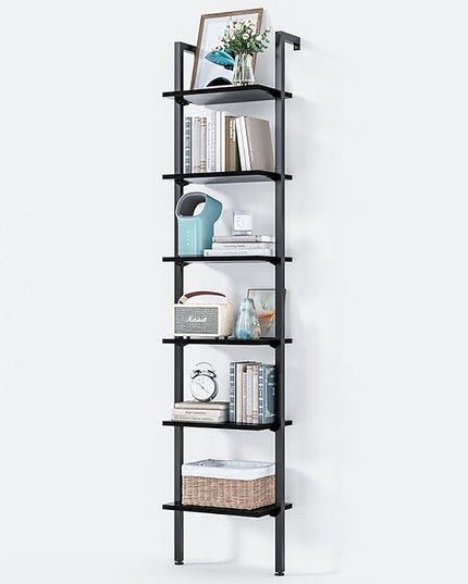 ODK Ladder Shelf, 6 Tier Black Bookshelf, 86 Inch Wall Mounted Book Shelf with Metal Frame, Ladder Bookshelf Bookcase for Bedroom, Home Office and Living Room - LeafyLoom