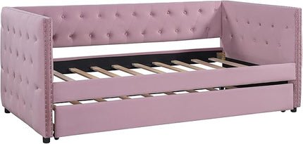 Twin Size Tufted Upholstered Daybed with Trundle, Solid Wood Velvet Bed with Rivet Design, No Box-spring Needed, for Living Room, Bedroom, Dorm, Space-Saving Design - LeafyLoom